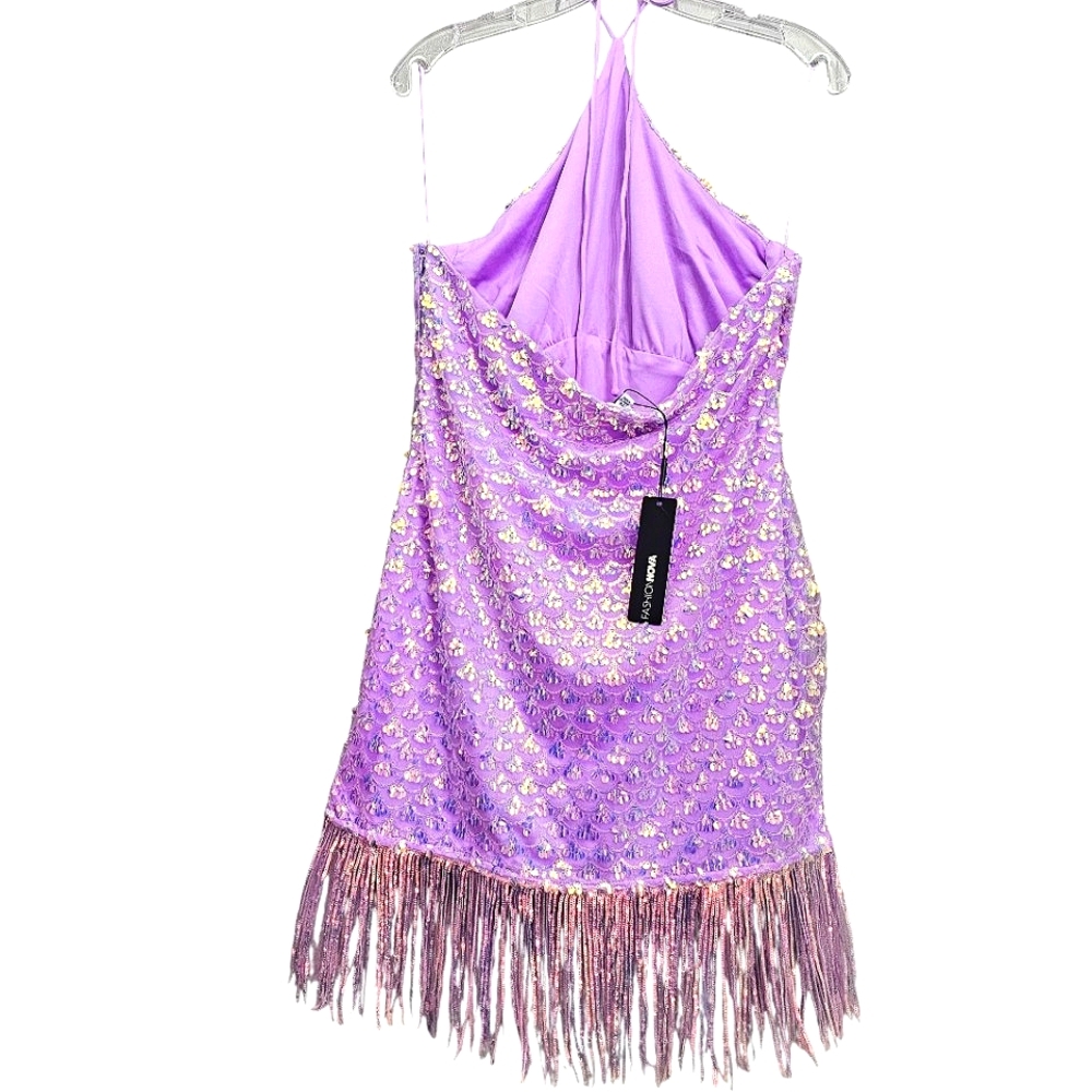 Nwt Fashion Nova Lavender Iradecent Sequin Vitamin Sea Halter Fringed Mini Dress - Picture 5 of 17